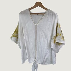 Max Edition Embroidered Tie Front Top Womens Large‎ L White Boho Peasant Blouse